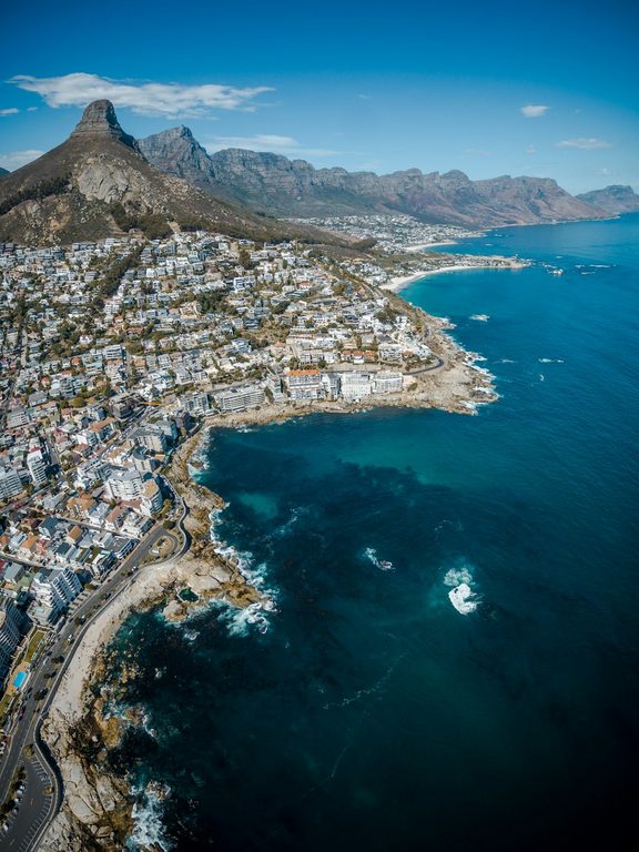 Aerial view of Cape Town between the mountains and the ocean
